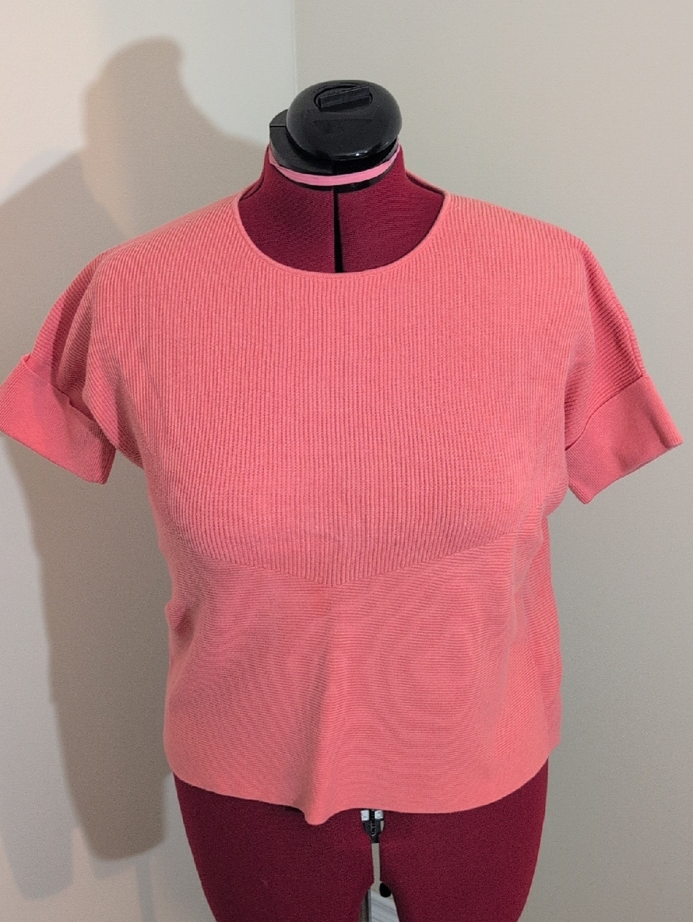 Repeat Women's Short Sleeve Ribbed Knit Top - Pink Cotton Blend